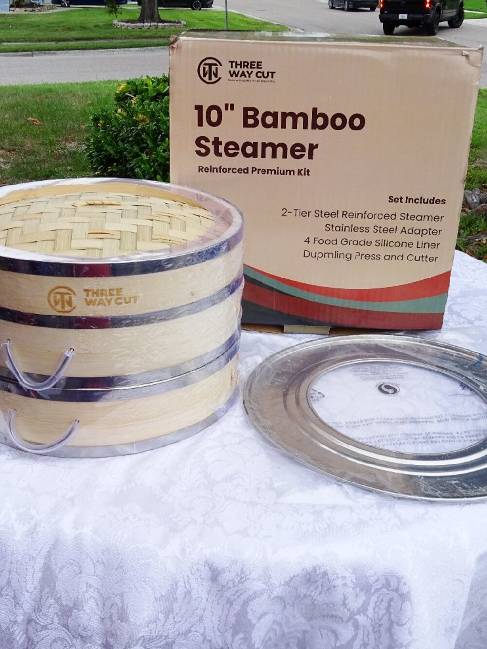 10"  2 Tier Bamboo Steamer Set by Three Way Cut New